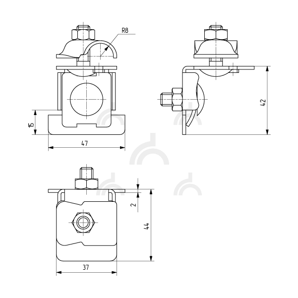 Держатель проводника круглого 6-10 мм для фальца 0.7-8 мм, медь